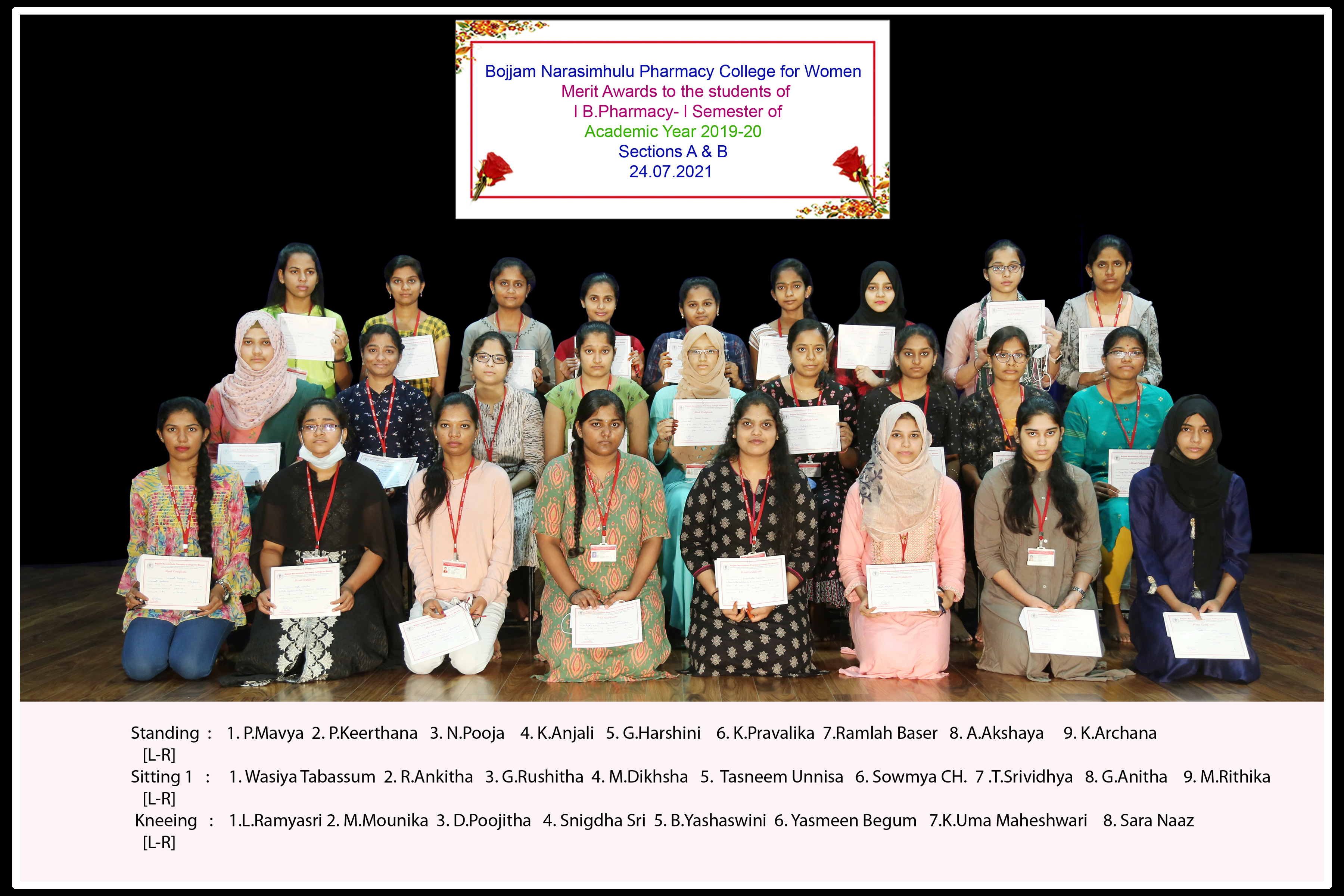 Merit awards to the students of I year I Semester for the Academic year 2019-20